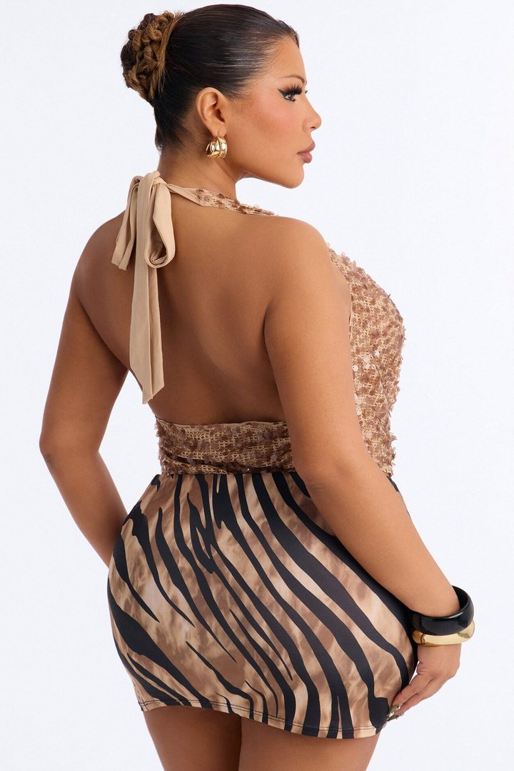 Belize Glow Sequin Cowl Neck Halter Top - Taupe