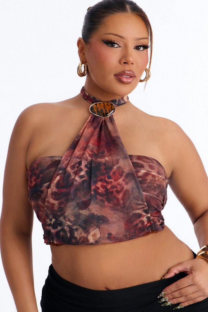 Havana Hardware Abstract Mesh Halter Top - Brown/combo