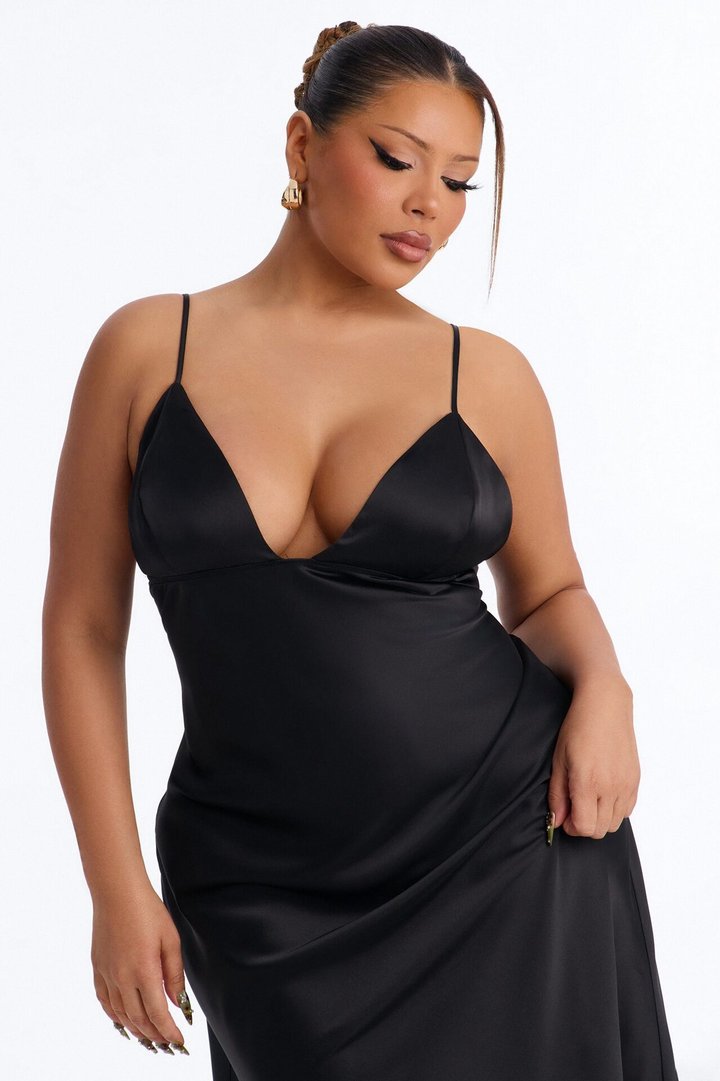 Janine Satin Slip Midi Dress - Black