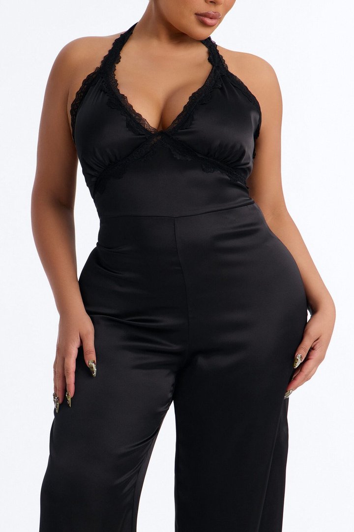 Lina Satin Lace Trim Jumpsuit - Black