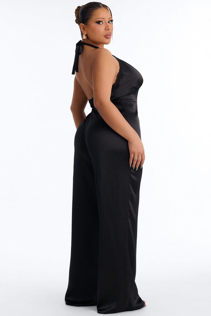 Lina Satin Lace Trim Jumpsuit - Black