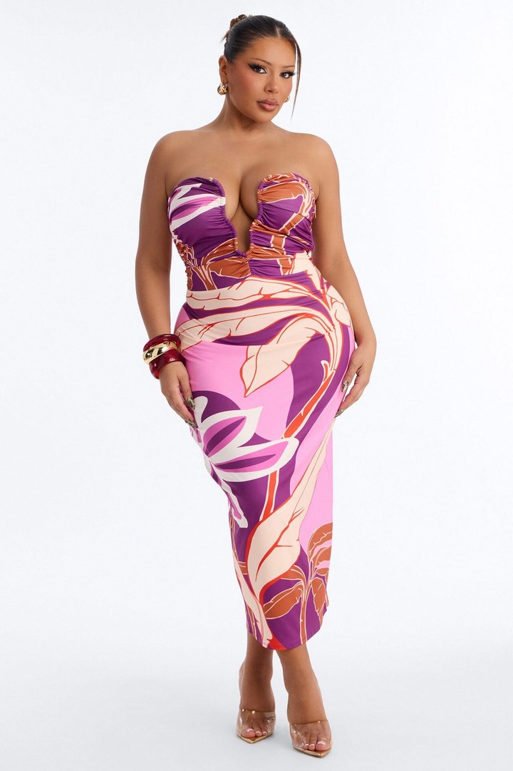 Angelica Printed Ruched Midi Dress - Purple/combo