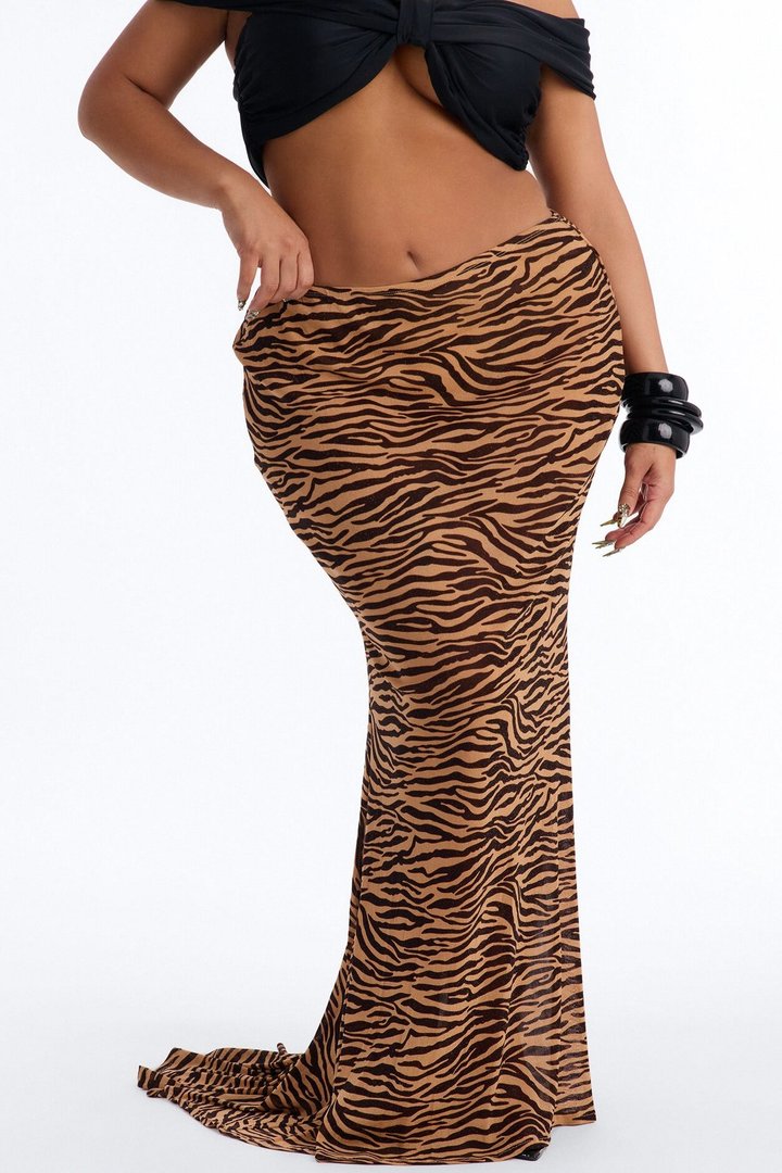 Feeling Fierce Shimmer Tiger Mesh Maxi Skirt - Brown/combo