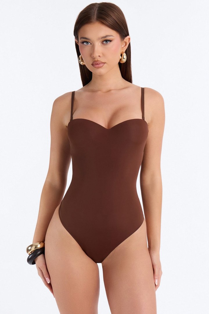 Josie Padded Sweetheart Neck Spaghetti Strap Bodysuit - Brown