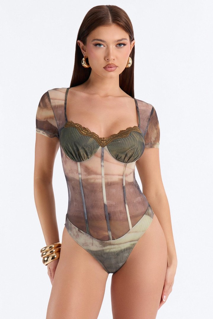 Midnight Fantasy Mesh Short Sleeve Bodysuit - Green/combo