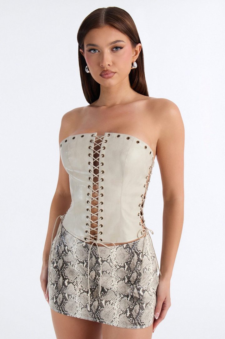 A Piece Of Work Faux Leather Lace Up Top - Stone