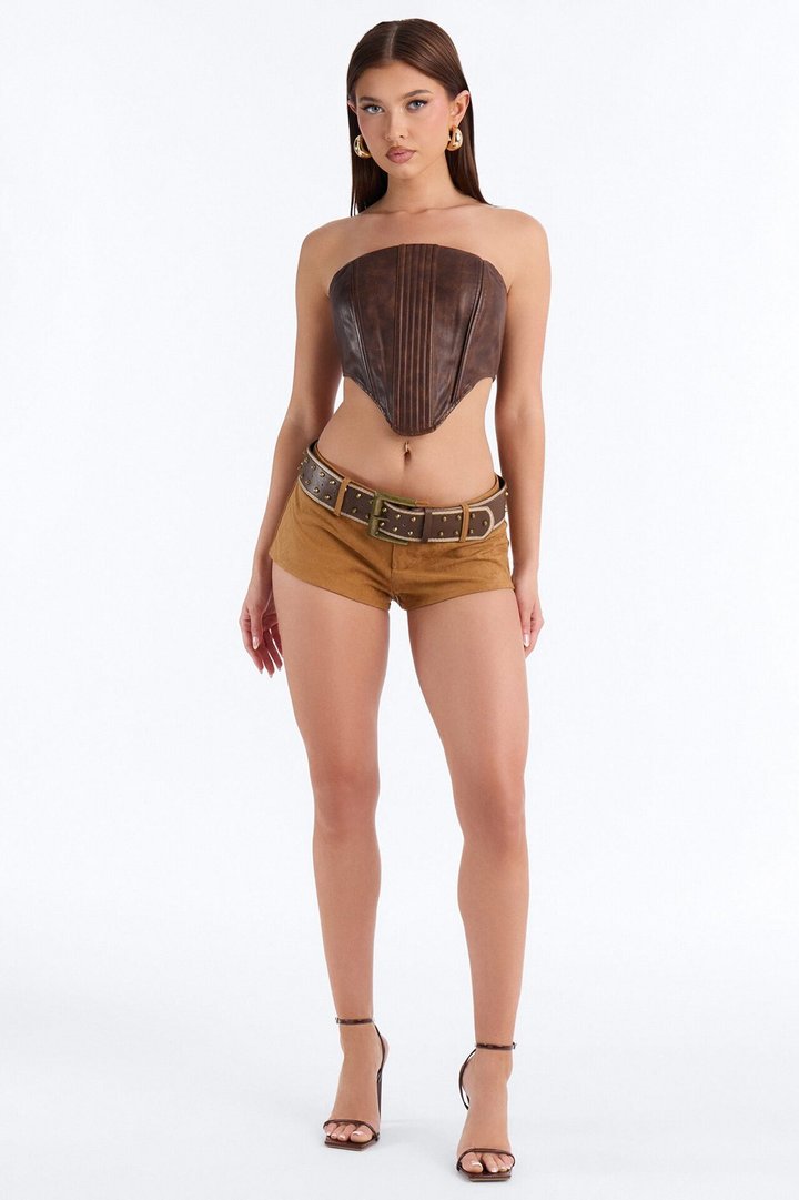 Emira Belted Faux Suede Micro Short - Camel