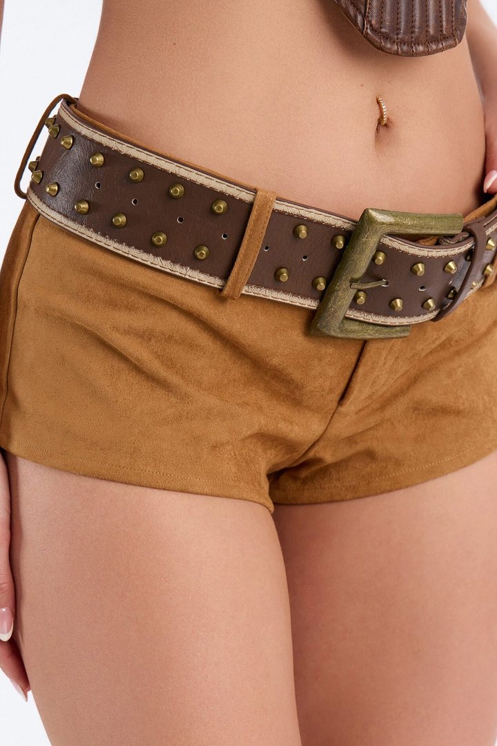 Emira Belted Faux Suede Micro Short - Camel