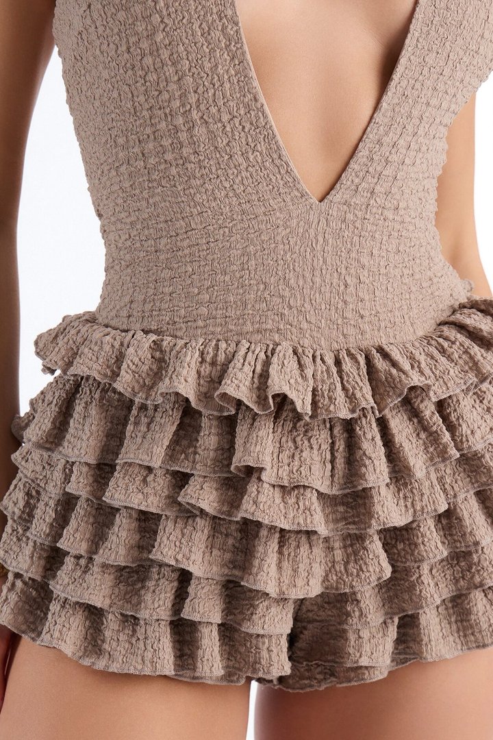 Cynthia Ruffle Micro Romper - Taupe