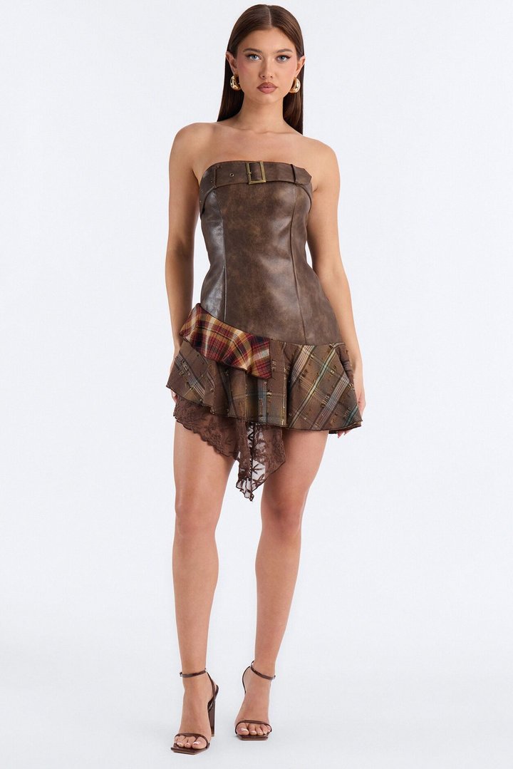 Take A Ride Asymmetrical Faux Leather Mini Dress - Brown/combo