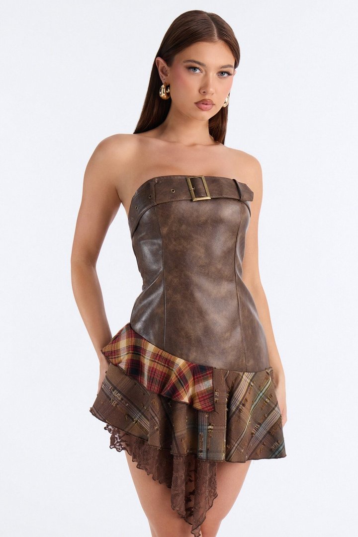 Take A Ride Asymmetrical Faux Leather Mini Dress - Brown/combo
