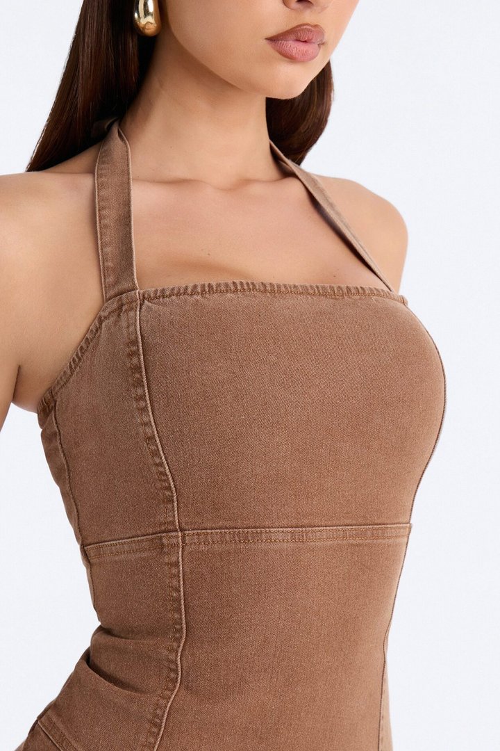 Carina Asymmetrical Denim Midi Dress - Chocolate