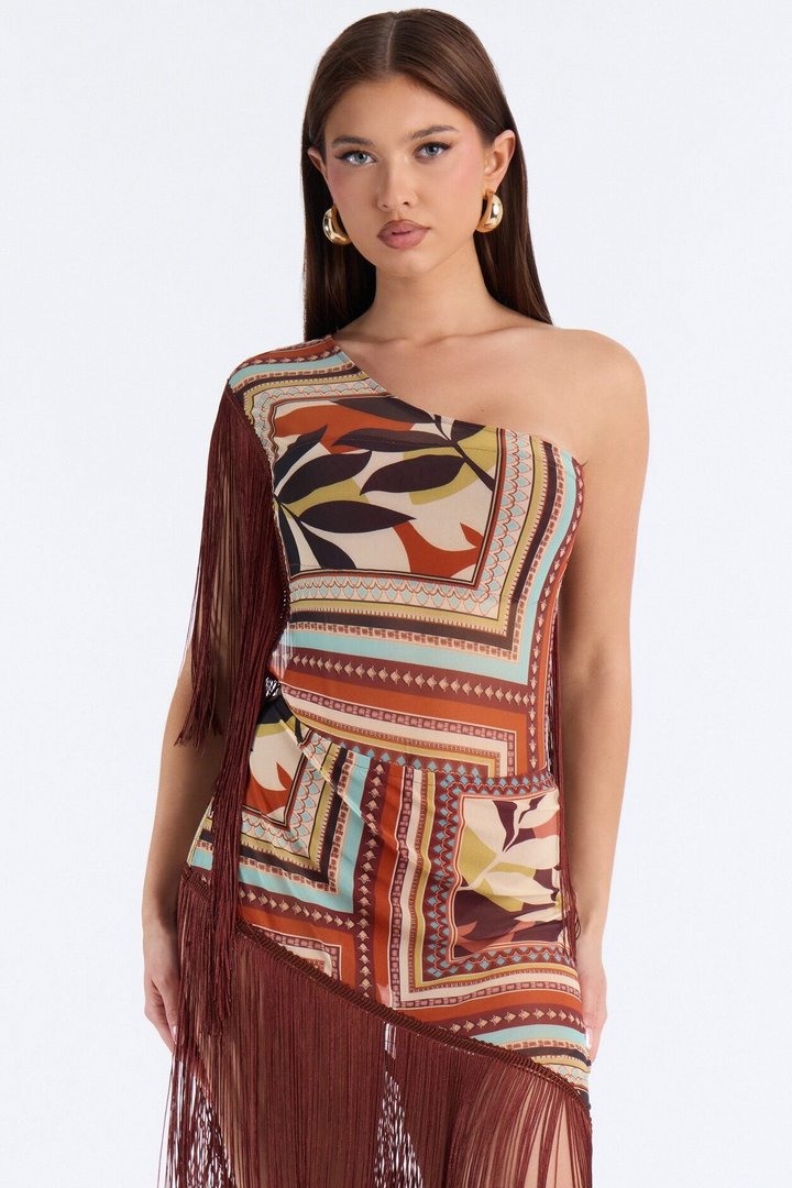 Chain Reaction Fringe Mini Dress - Brown/combo