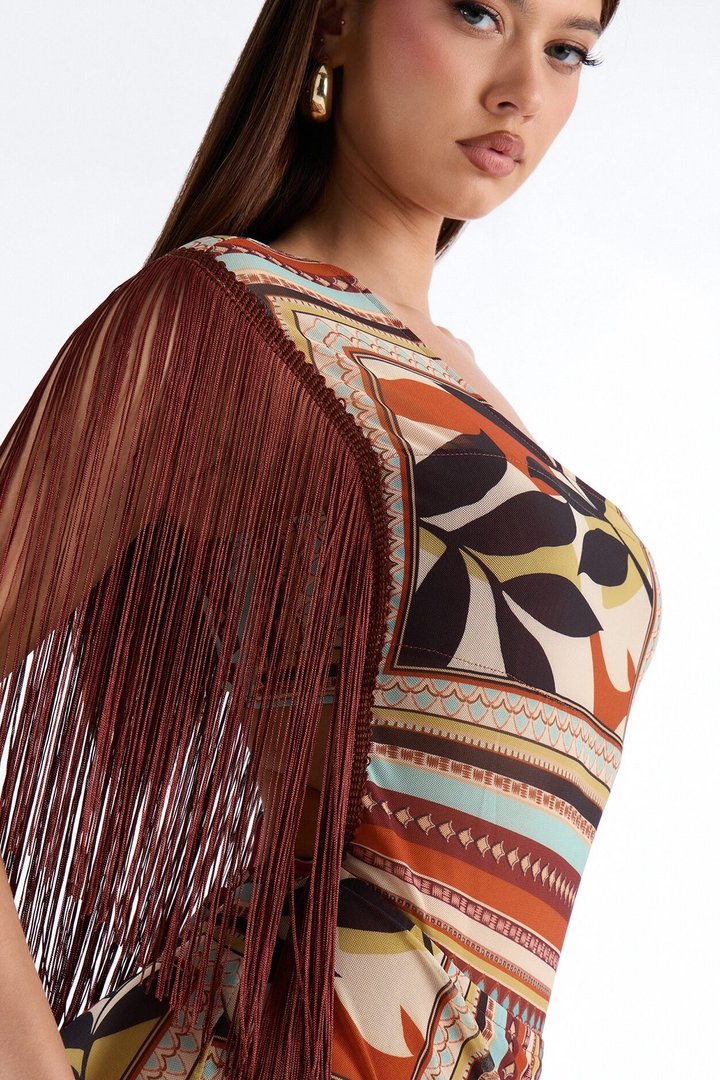 Chain Reaction Fringe Mini Dress - Brown/combo