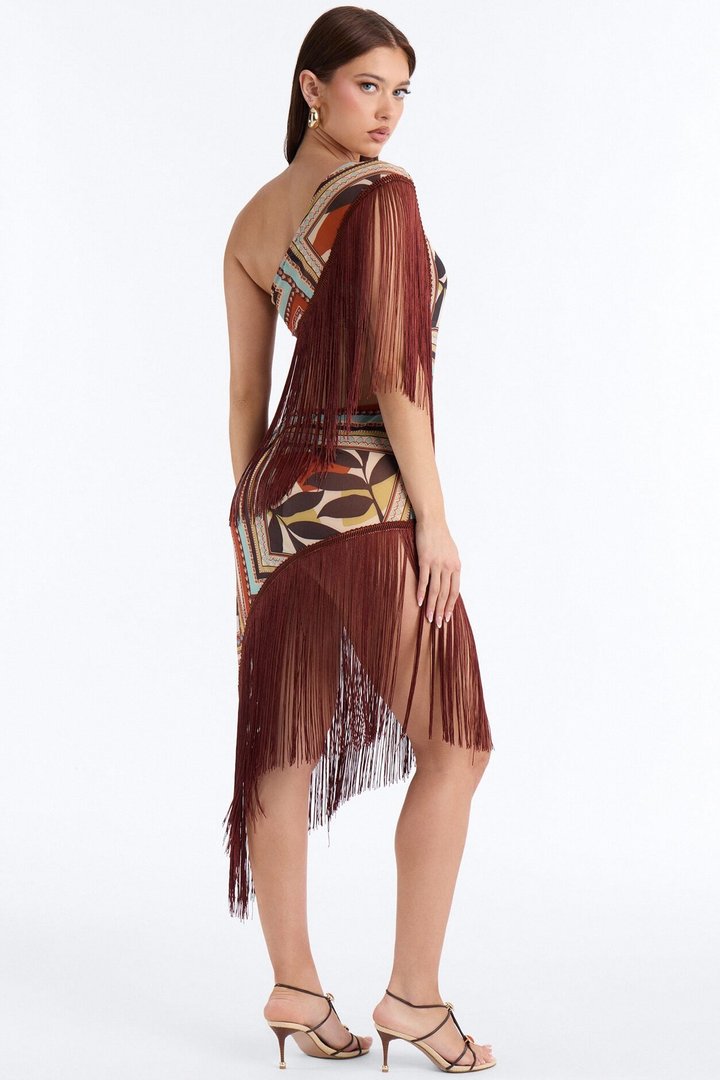 Chain Reaction Fringe Mini Dress - Brown/combo