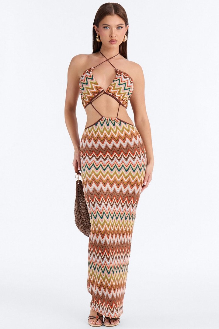 Paradise Plans Cut Out Crochet Maxi Dress - Brown/combo