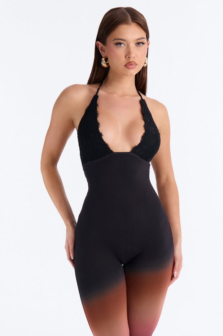 Mila Backless Ombre Mesh Catsuit - Black/combo