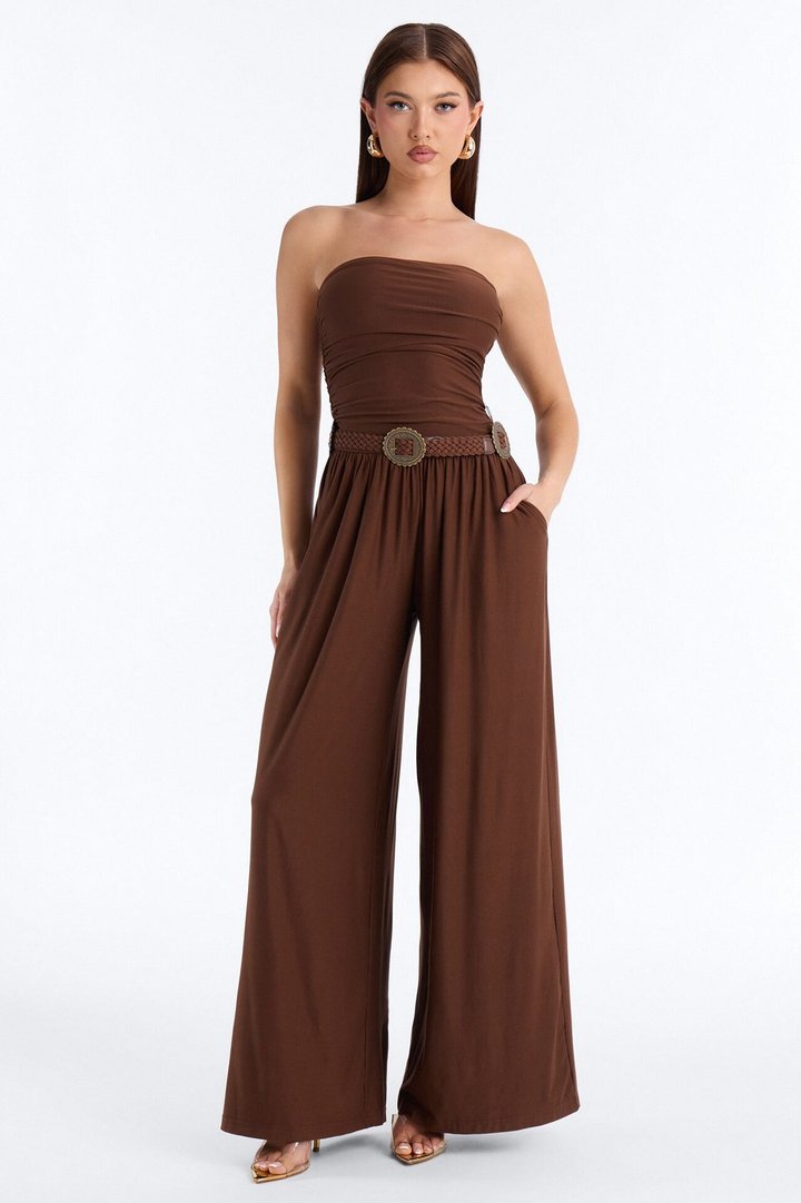 Karissa Belted Wide Leg Jumpsuit - Brown