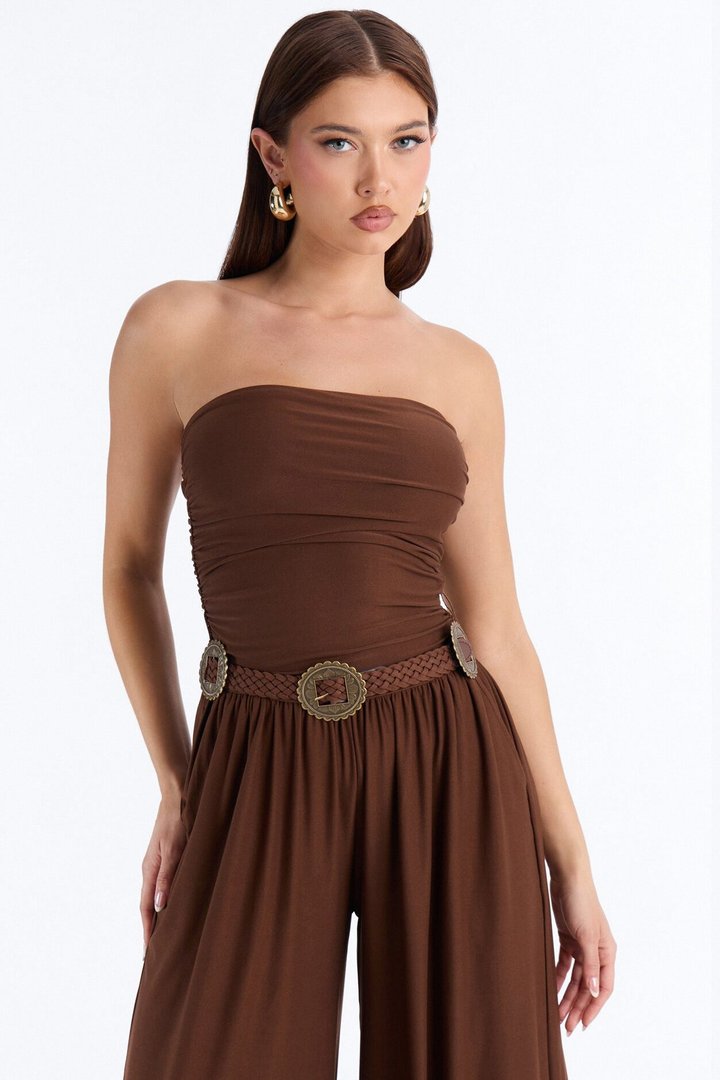 Karissa Belted Wide Leg Jumpsuit - Brown