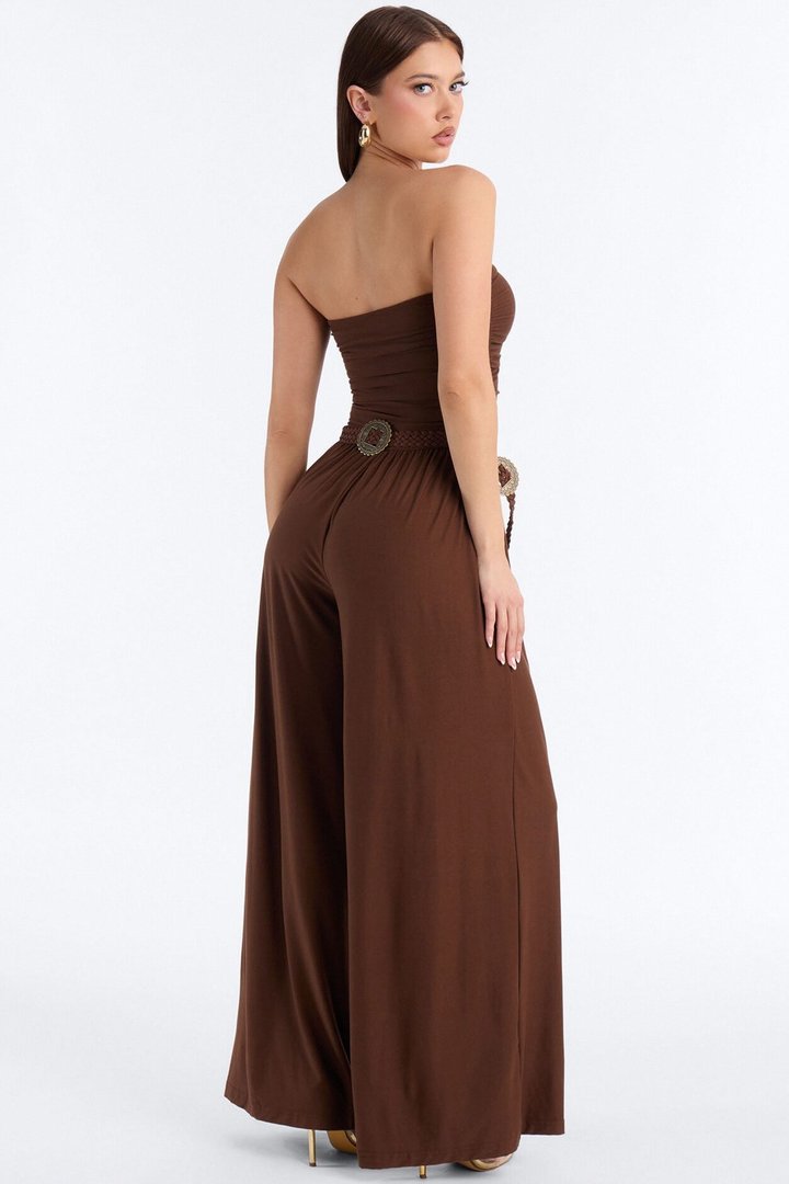Karissa Belted Wide Leg Jumpsuit - Brown