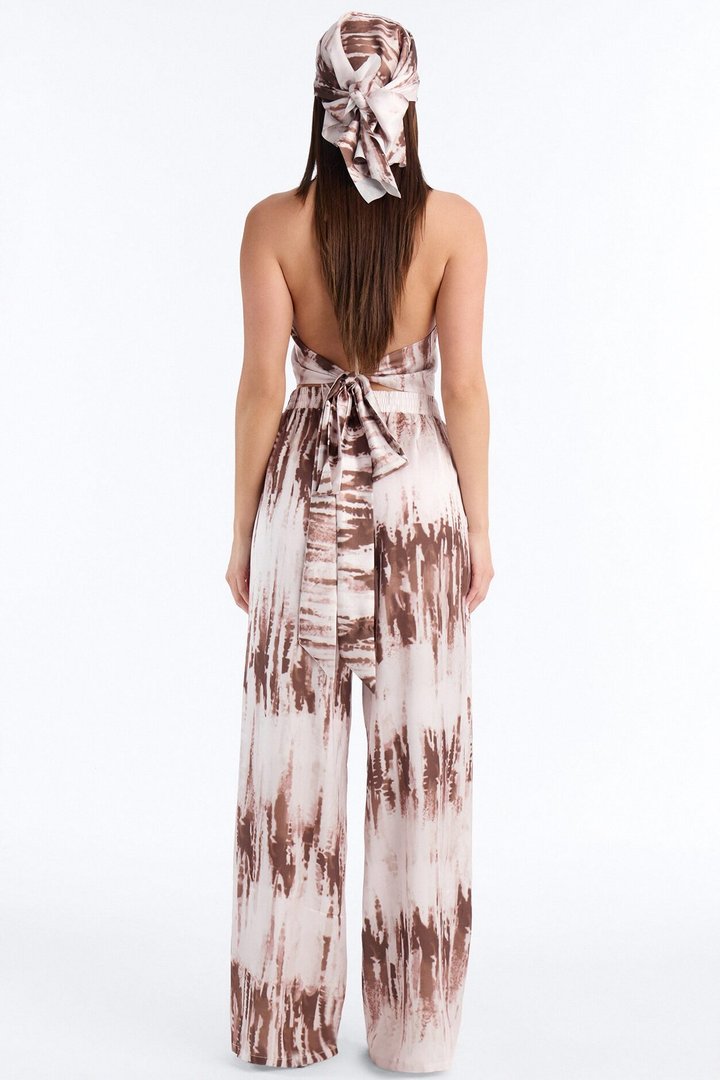 Julie Satin 3Piece Halter Pant Set - Brown Combo