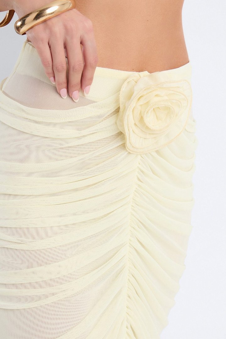 Lilah Rosette Ruched Mesh Midi Skirt - Butter Yellow