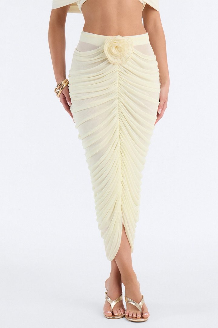 Lilah Rosette Ruched Mesh Midi Skirt - Butter Yellow