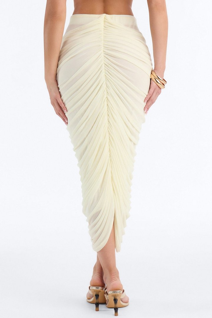 Lilah Rosette Ruched Mesh Midi Skirt - Butter Yellow