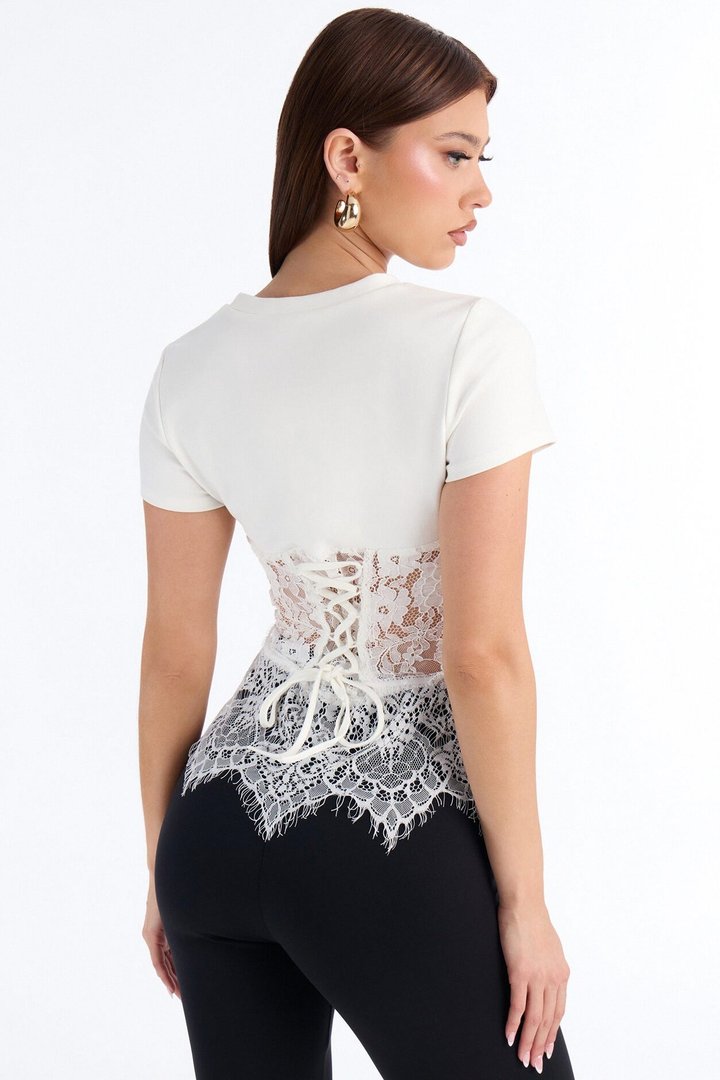 Liana Lace Corset Waist Short Sleeve Top - White
