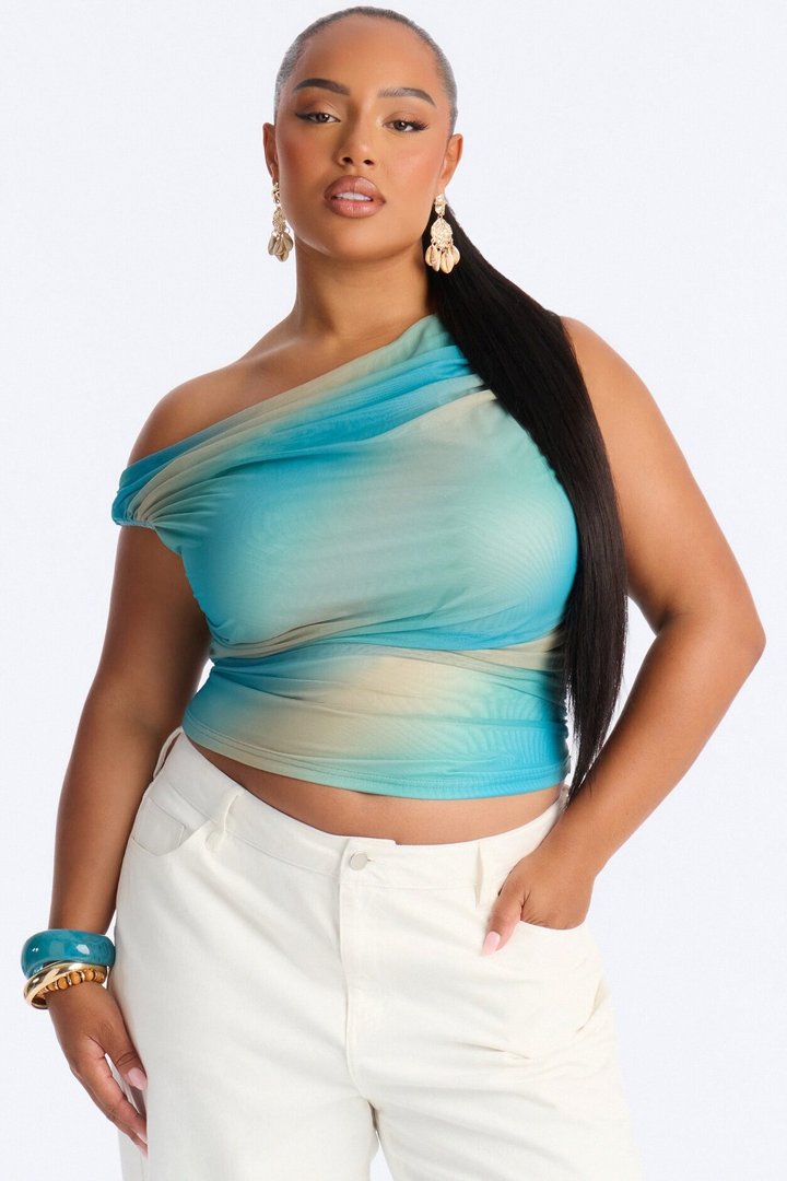 Belize Babe Abstract Mesh Off Shoulder Top - Blue/combo