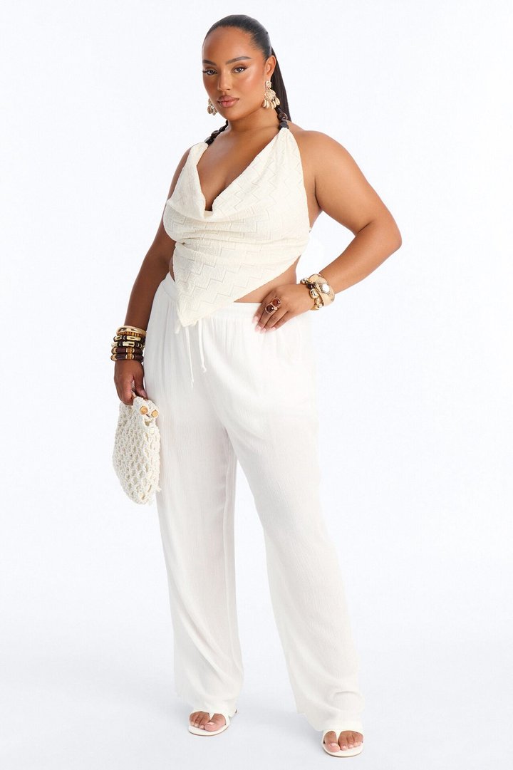 Leilani Beaded Textured Cowl Neck Halter Top - Cream