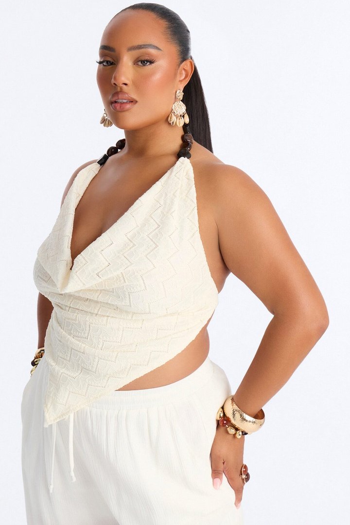Leilani Beaded Textured Cowl Neck Halter Top - Cream