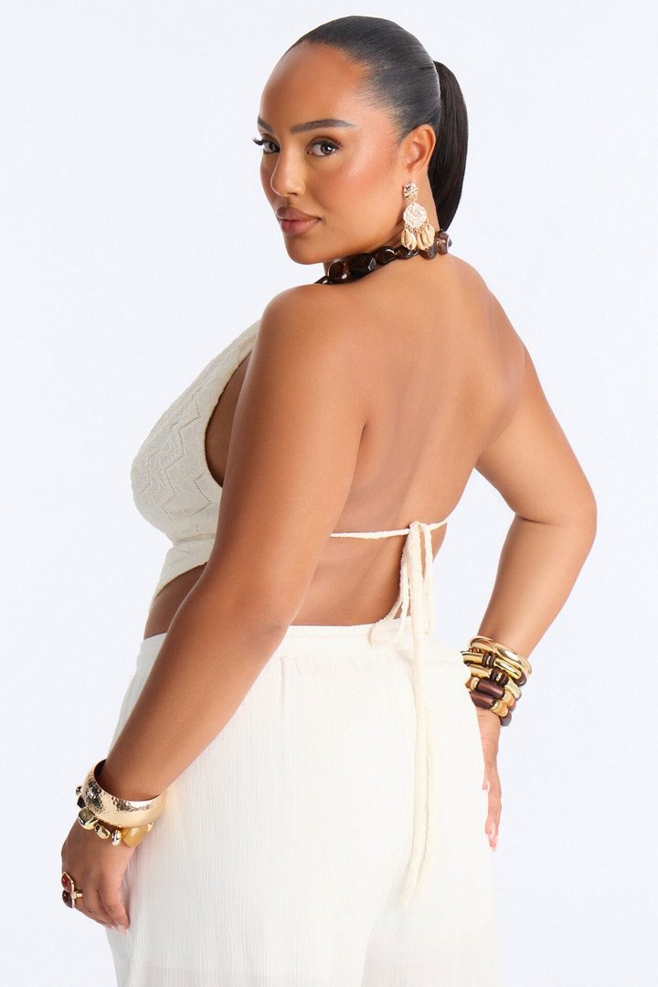 Leilani Beaded Textured Cowl Neck Halter Top - Cream