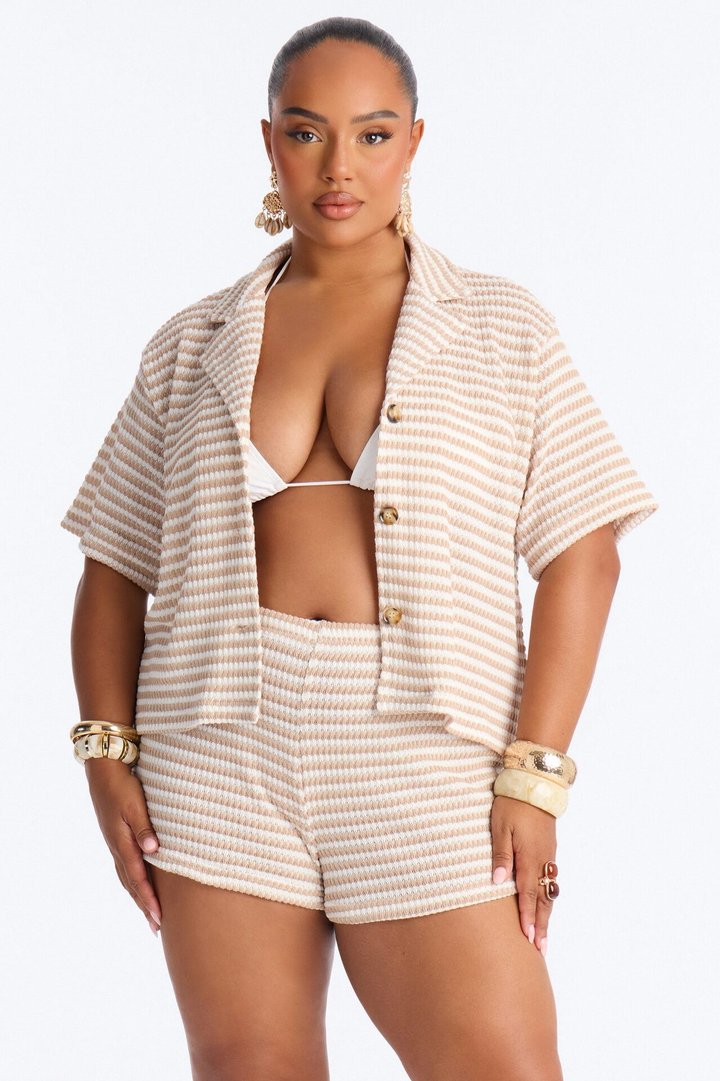 Carlie Crochet Shirt And Short Set - Taupe/combo