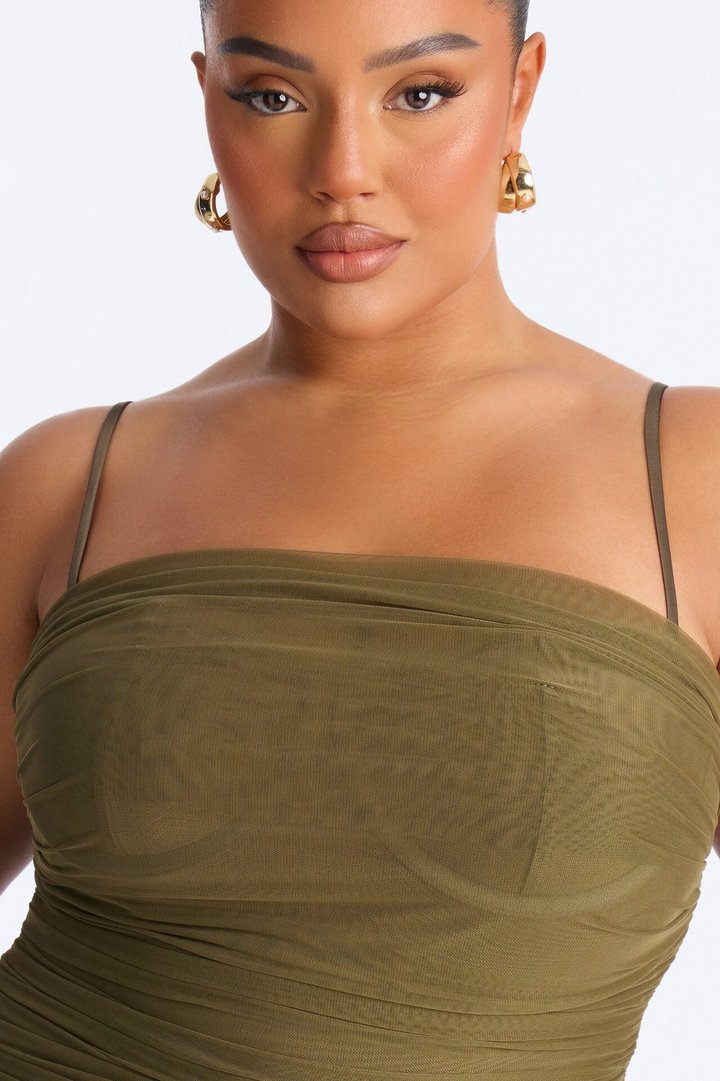 Body Talk Ruched Mesh Maxi Dress - Olive