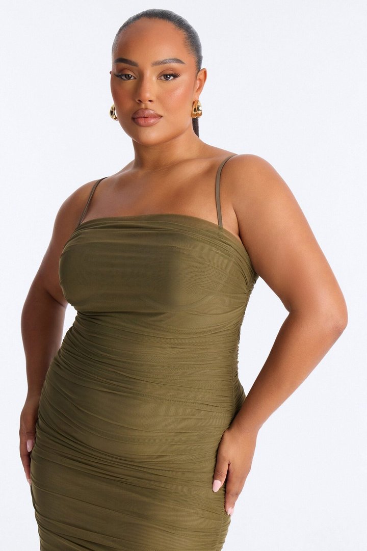 Body Talk Ruched Mesh Maxi Dress - Olive
