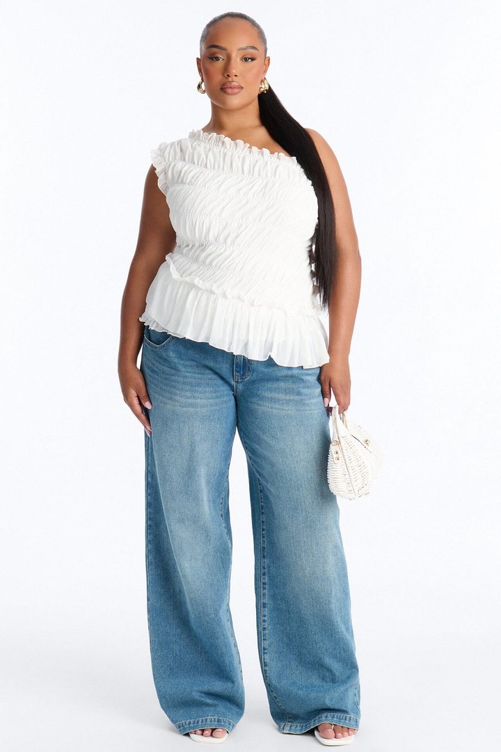 Cutie On Duty One Shoulder Chiffon Ruffle Top - White