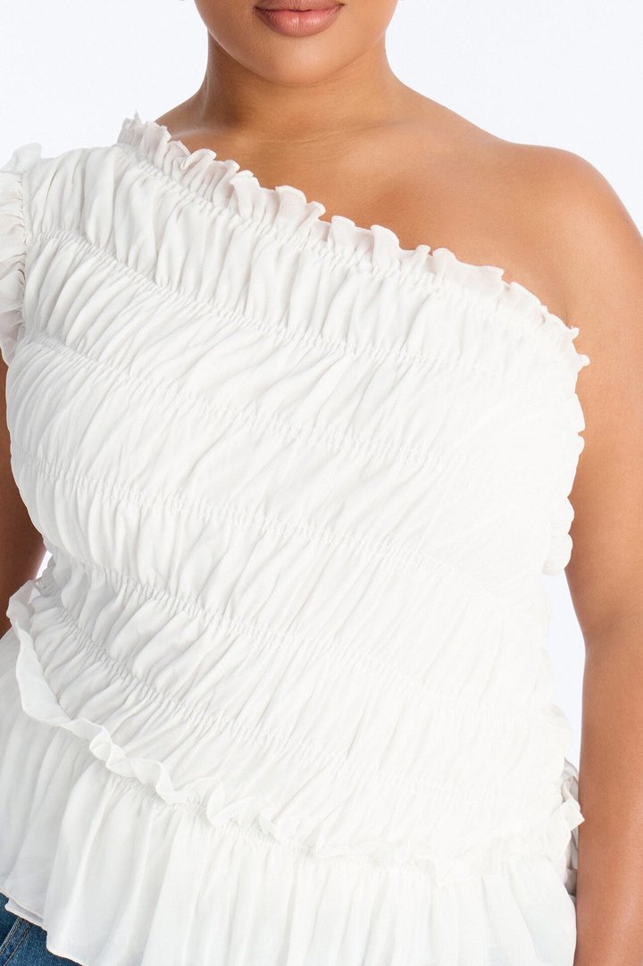 Cutie On Duty One Shoulder Chiffon Ruffle Top - White