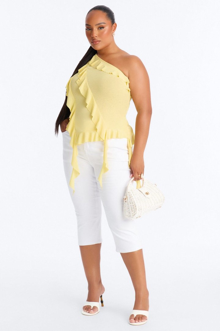 Sicily Ruffle One Shoulder Textured Top - Butter Yellow