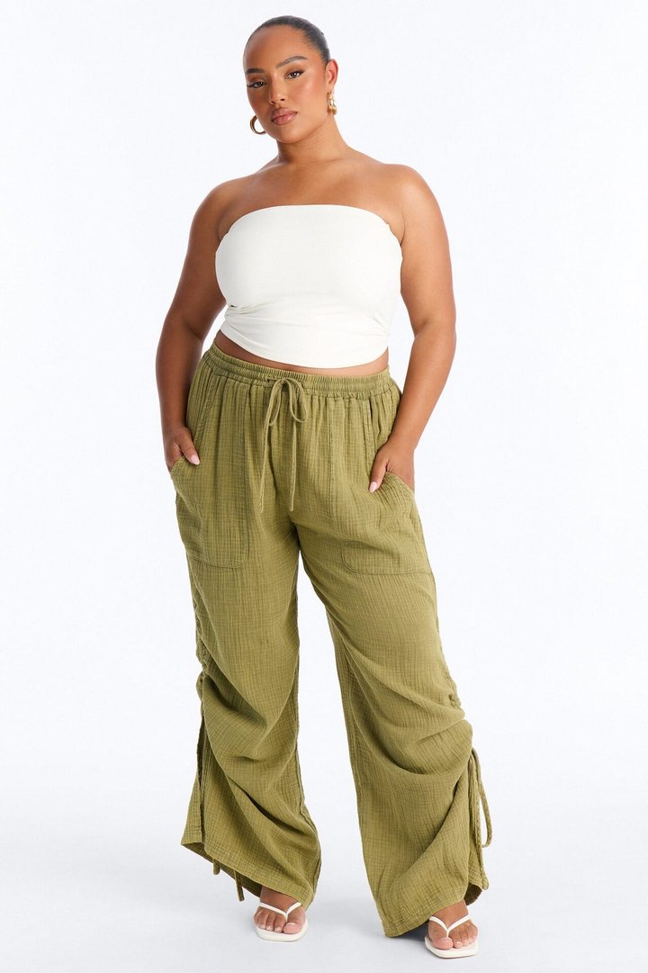 Kayla Mid Rise Washed Gauze Wide Leg Pant - Olive