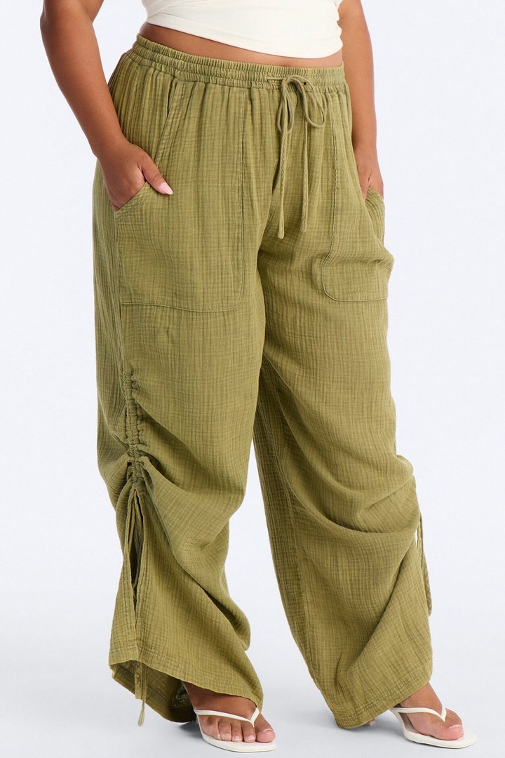 Kayla Mid Rise Washed Gauze Wide Leg Pant - Olive