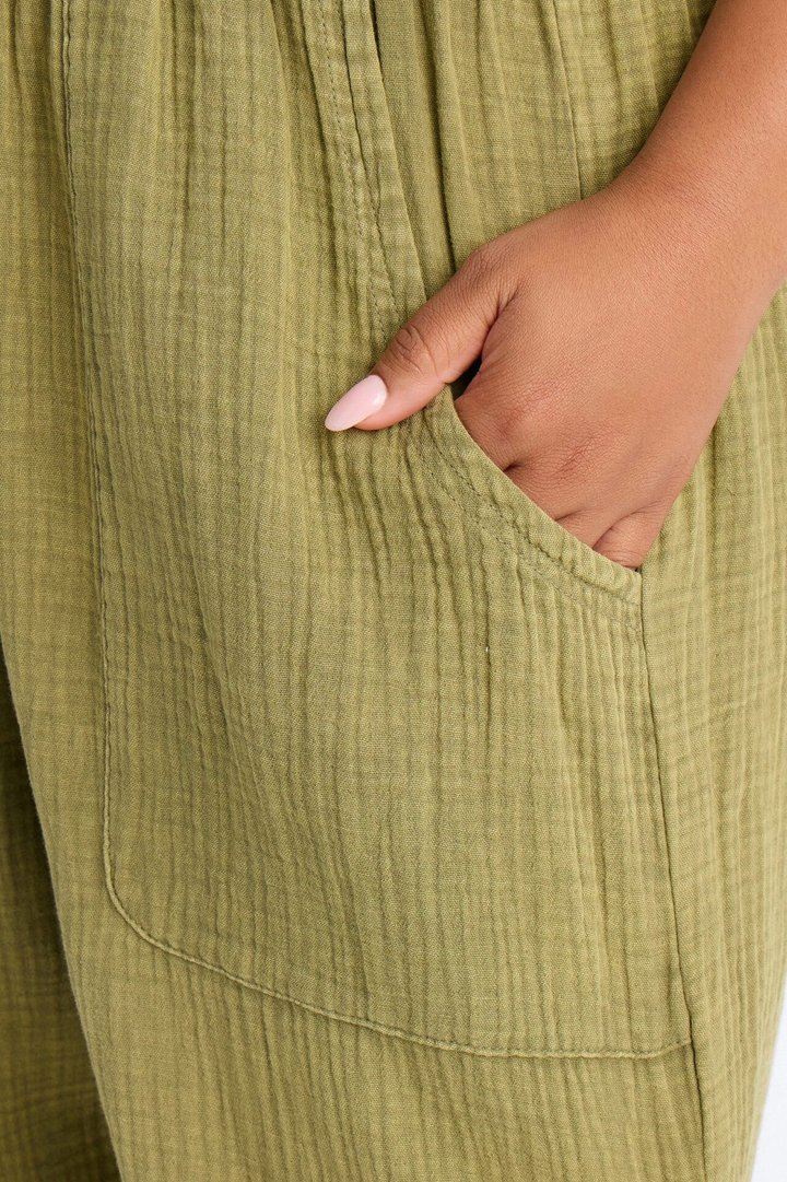Kayla Mid Rise Washed Gauze Wide Leg Pant - Olive