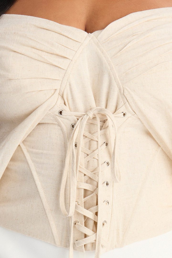 Her Era Off Shoulder Lace Up Linen Corset - Beige