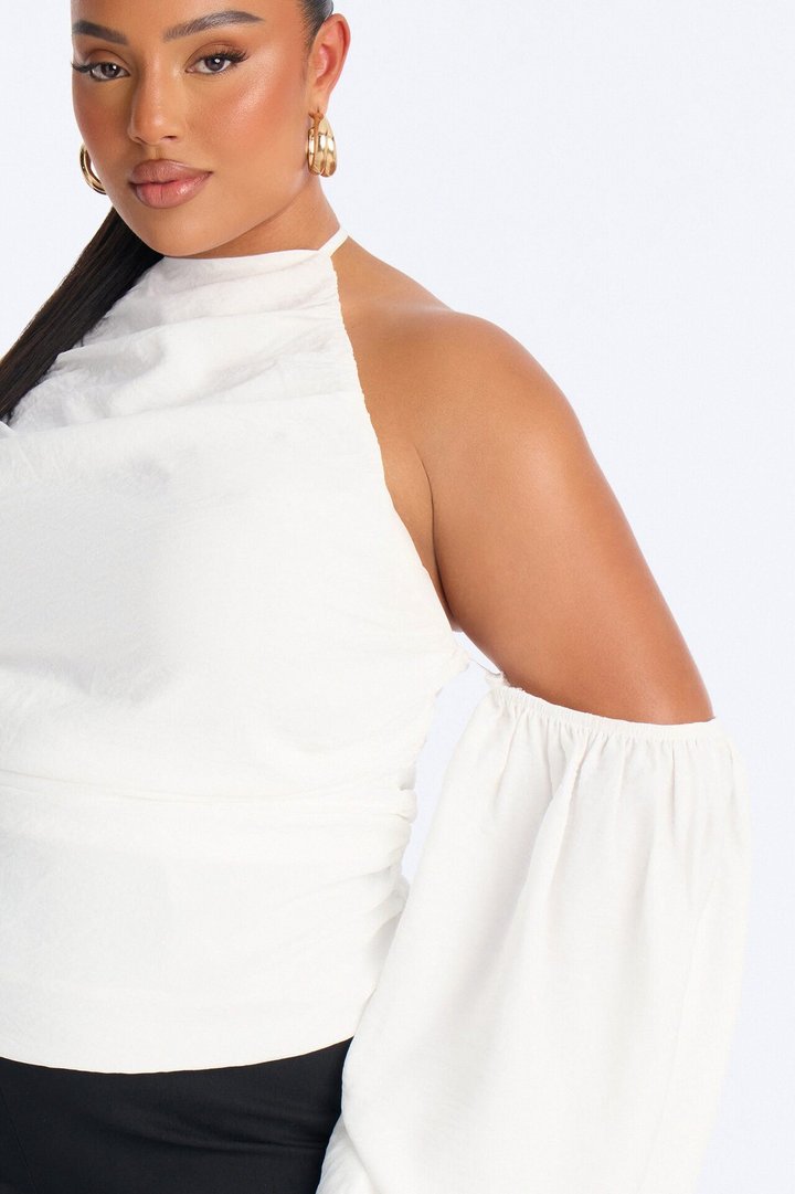 Too Cute To Care Long Sleeve Ruched Airflow Halter Top - White
