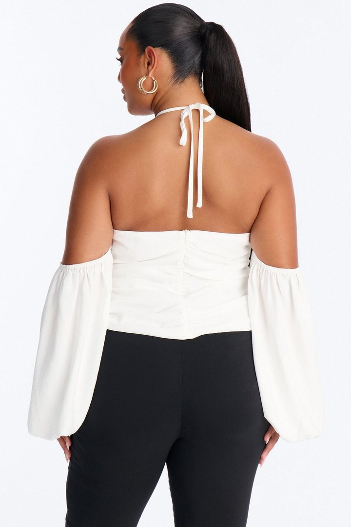 Too Cute To Care Long Sleeve Ruched Airflow Halter Top - White