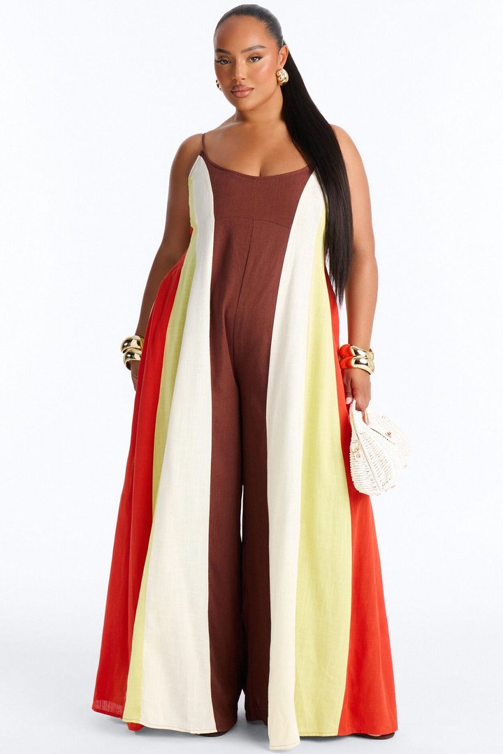 Brunch Time Contrast Trim Jumpsuit - Brown