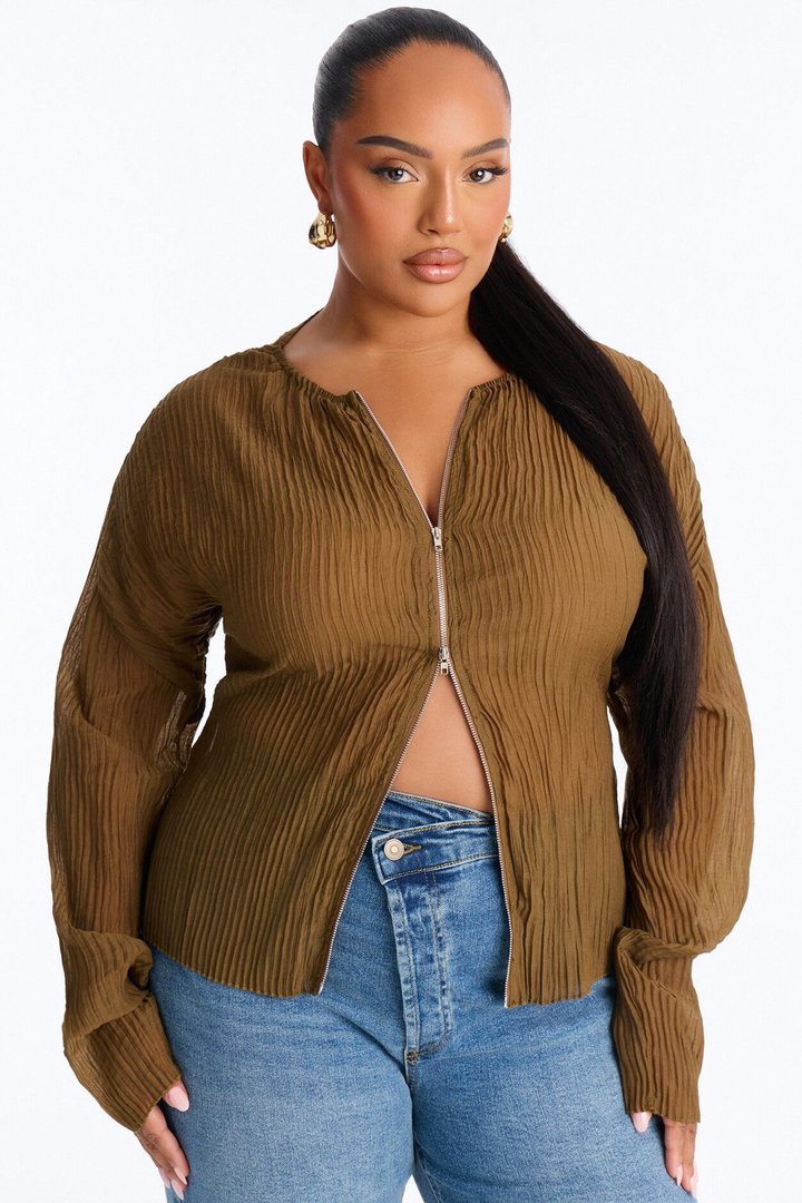 Kasey Front Zip Plisse Top - Olive