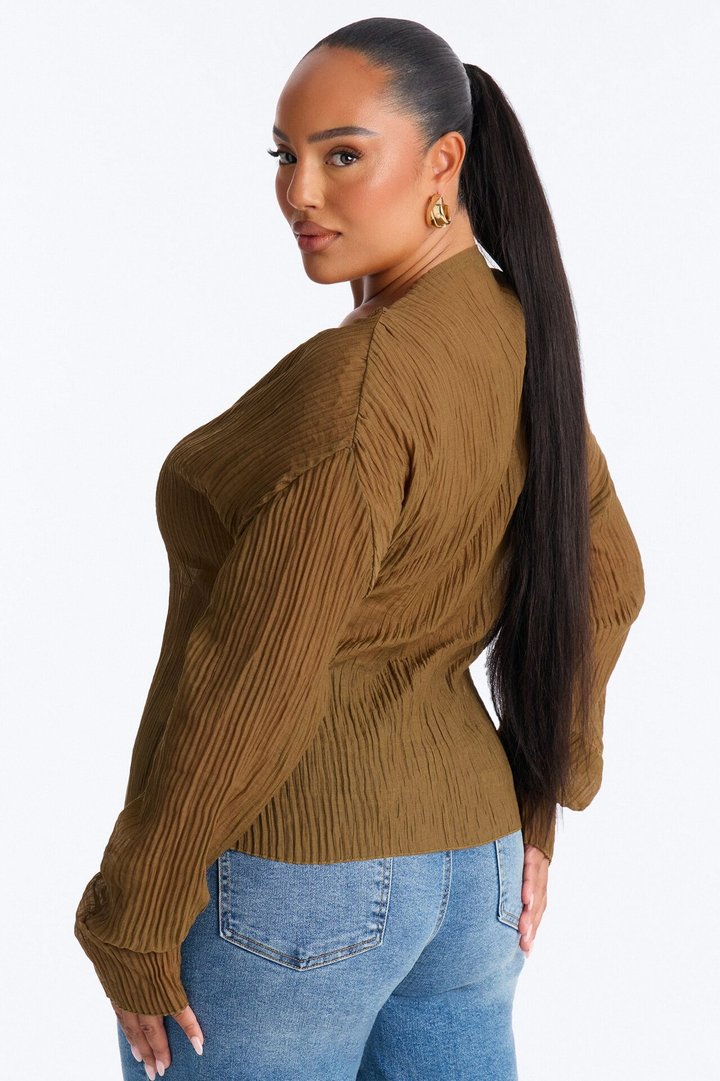 Kasey Front Zip Plisse Top - Olive