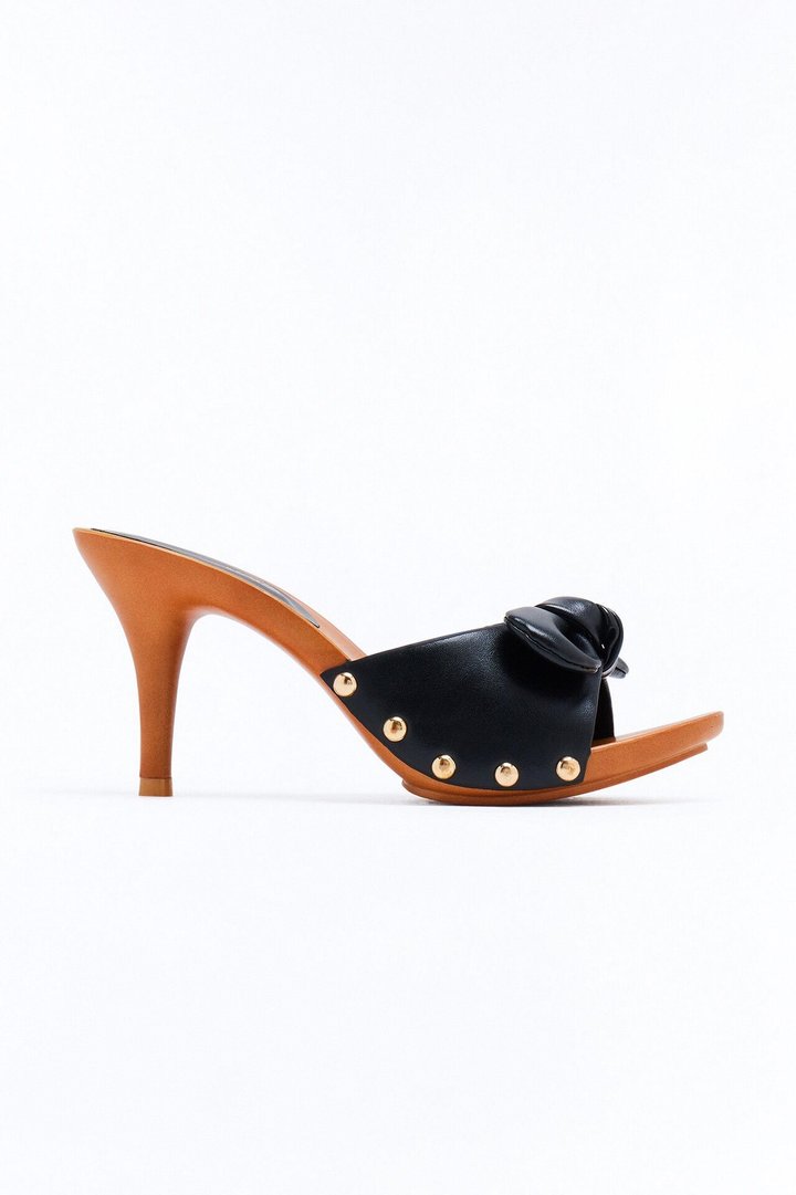 Reed Bow Studded Wood Heels - Black