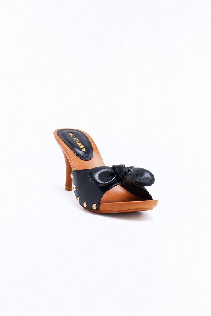 Reed Bow Studded Wood Heels - Black